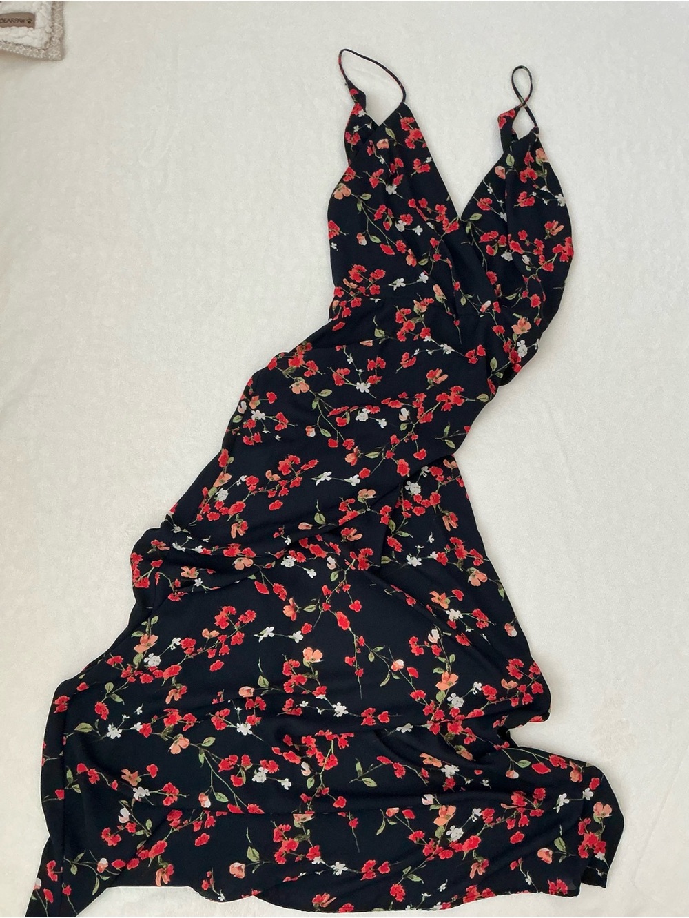 Lush Floral Maxi Dress Black Red Cherry Blossom Surplice Cami